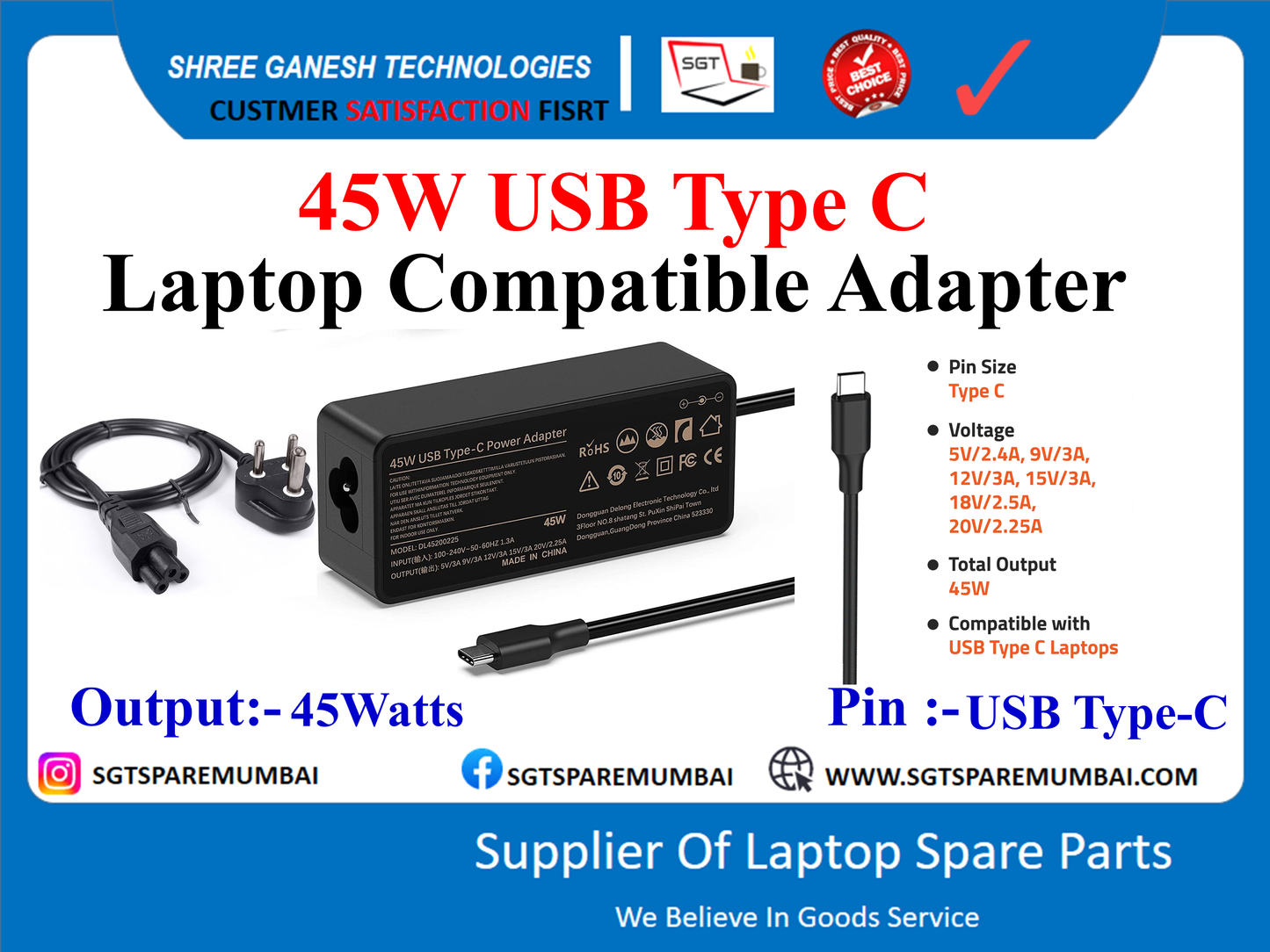 45W USB टाइप C लैपटॉप संगत एडाप्टर