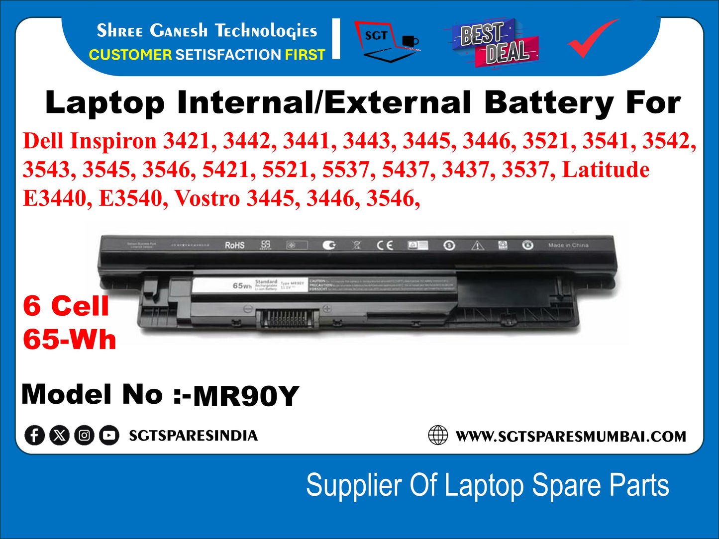 Laptop Compatible External Battery For Dell Inspiron 3421, 3442, 3441, 3443, 3445, 3446, 3521, 3541, 3542, 3543, 3545, 3546, 5421, 5521, 5537, 5437, 3437, 3537, Latitude E3440, E3540, Vostro 3445, 3446, 3546, 6 Cell 65-Wh Model No :-MR90Y