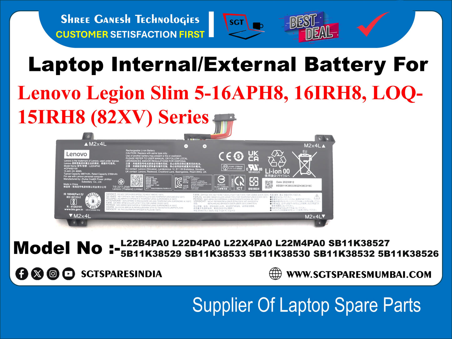 Laptop Internal Compatible Battery For Lenovo Legion Slim 5-16APH8, 16IRH8, LOQ- 15IRH8 (82XV) Series Model No :- L22B4PAO, L22D4PAO, L22X4PAO, L22M4PAO, 5B11K38527, 5B11K38529, 5B11K38533, 5B11K38530, 5B11K38532, 5B11K38526