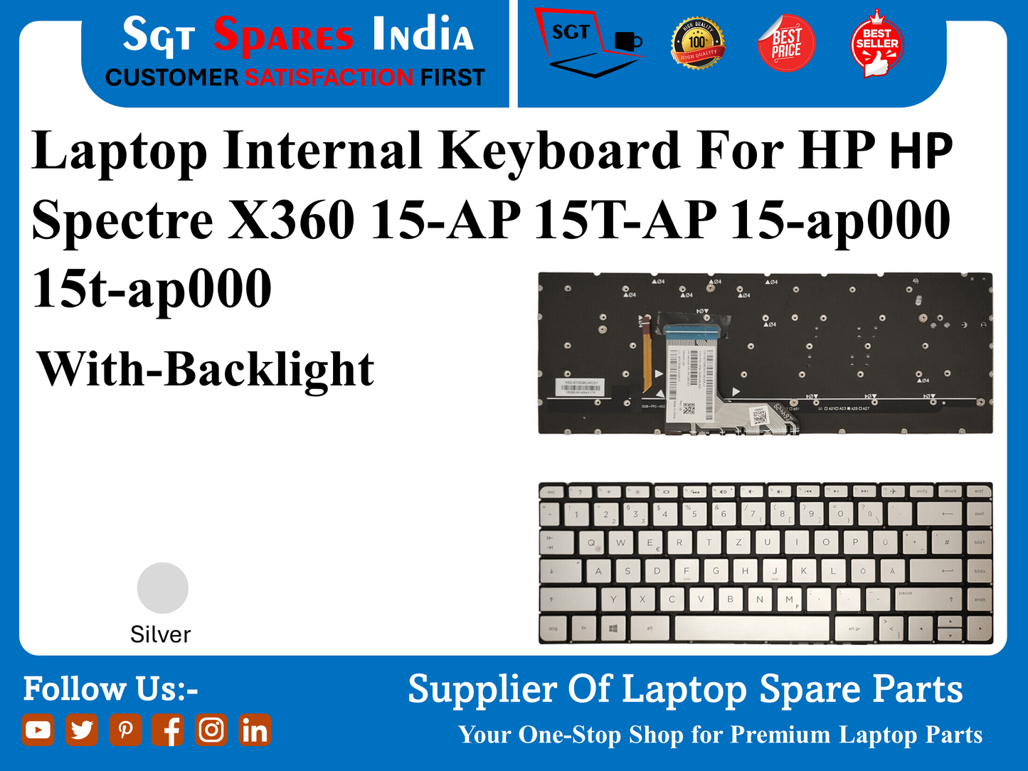 HP HP Spectre X360 15-AP 15T-AP 15-ap000 15t-ap000 के लिए लैपटॉप इंटरनल कीबोर्ड बैकलाइट के साथ सिल्वर