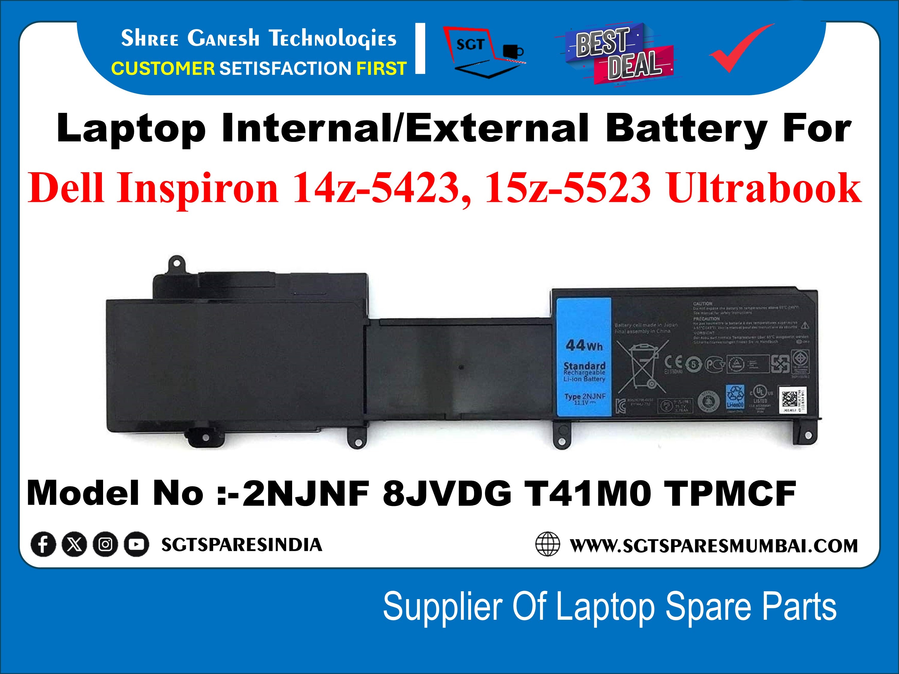 thumbnail image 2 of Dell Inspiron 14z-5423 / 15z-5523 Laptop Battery – 44Wh, 2NJNF, 8JVDG, TPMCF 2 of 4