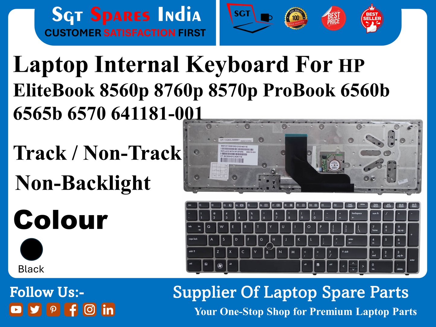 लैपटॉप आंतरिक कीबोर्ड HP EliteBook 8560p 8760p 8570p ProBook 6560b 6565b 6570 641181-001 ट्रैक / नॉन-ट्रैक नॉन-बैकलाइट रंग काला