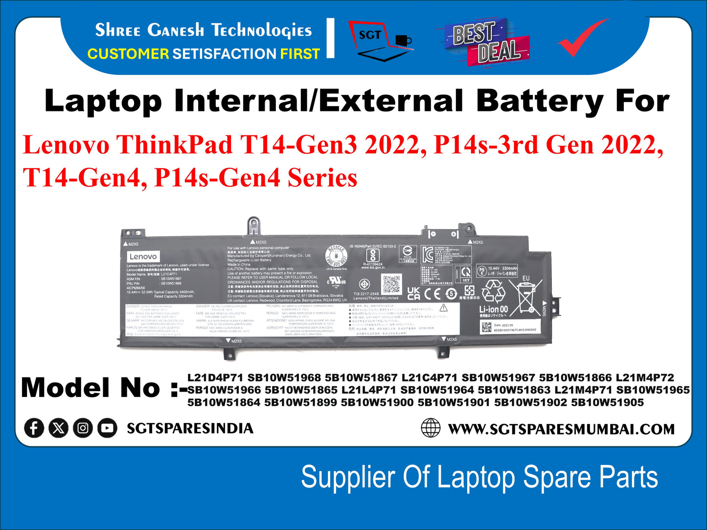 Laptop Internal Compatible Battery For Lenovo ThinkPad T14-Gen3 2022, P14s-3rd Gen 2022, T14-Gen4, P14s-Gen4 Series . Model No :- L21D4P71, sB10W51968, 5B10W51867, L21C4P71, 5B10W51967, 5B10W51866, L21M4P72, 5B10W51965, 5B10W51865, L21L4P71