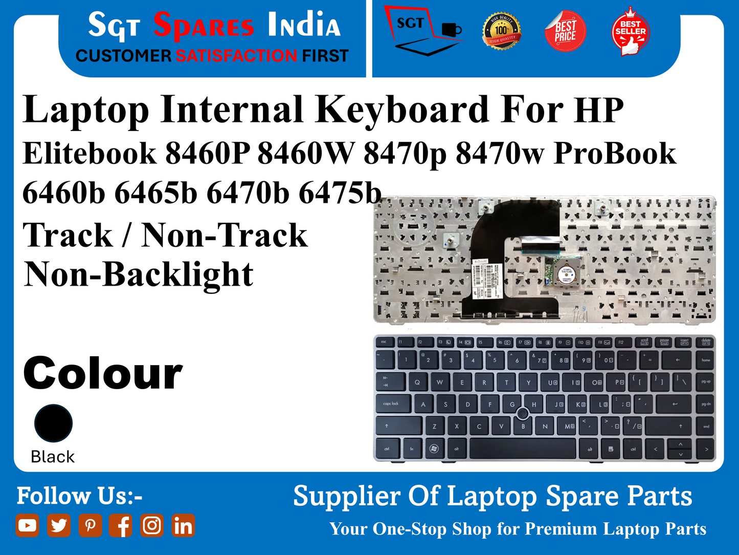HP Elitebook 8460P 8460W 8470p 8470w ProBook 6460b 6465b 6470b 6475b के लिए लैपटॉप इंटरनल कीबोर्ड। ट्रैक / नॉन-ट्रैक नॉन-बैकलाइट रंग काला