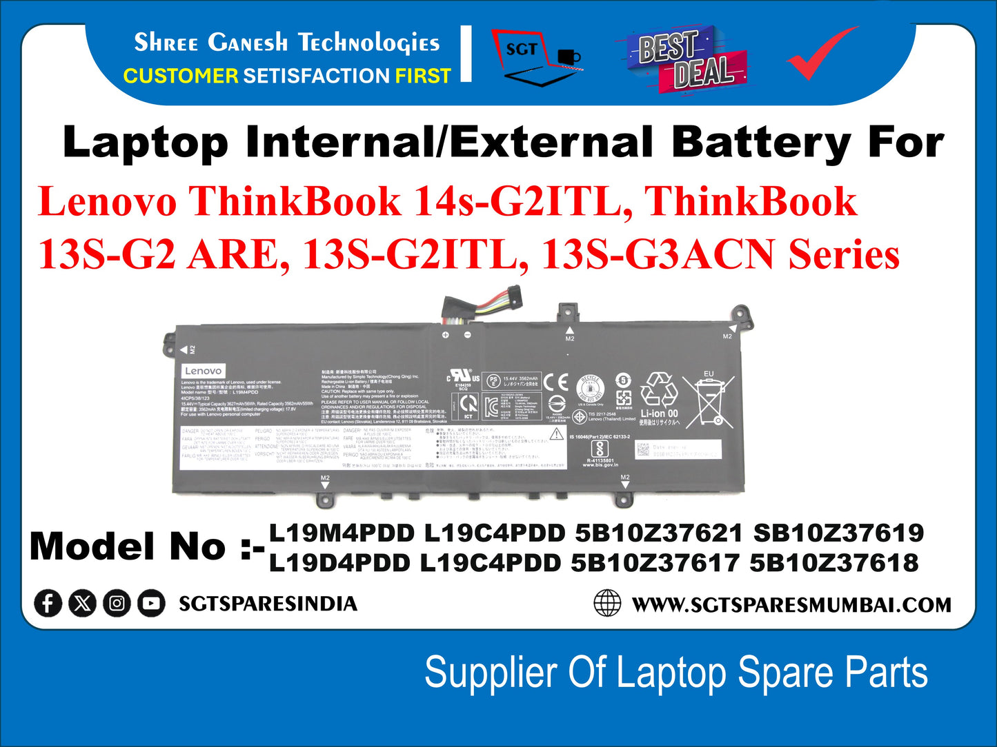Laptop Internal Compatible Battery For Lenovo ThinkBook 14s-G2ITL, ThinkBook 13S-G2 ARE, 13S-G2ITL, 13S-G3ACN Series " Model No :-L19M4PDD, L19C4FDD, 5B10Z37621, 5B10Z37619, L19D4PDD, L19C4PDD, 5B10Z37617, 5B10Z37618