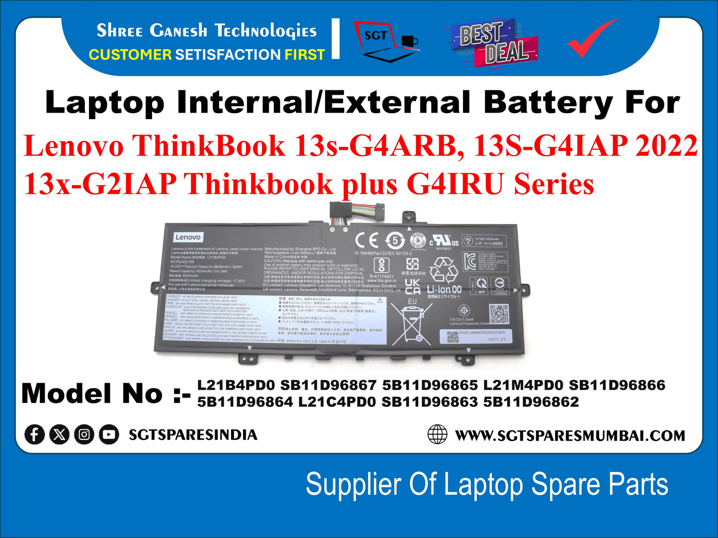 Laptop Internal Compatible Battery For Lenovo ThinkBook 13s-G4ARB, 13S-G4IAP 2022 13x-G2IAP Thinkbook plus-G4IRU Series, Model No :- L21B4PD0, 5B11D96867, 5B11D96865, L21M4PD0, 5B11D96866, 5811D96864, L21C4PD0, 5B11D96863, 5B11D96862