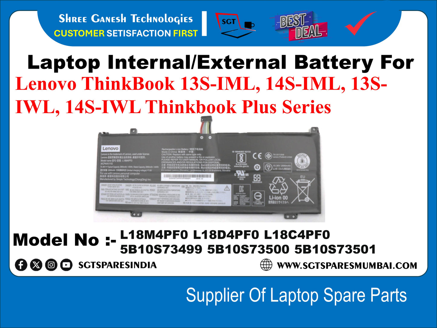Laptop Internal Compatible Battery For Lenovo ThinkBook 13S-IMIL, 14S-IML, 13S- IWL, 14S-IWL Thinkbook Plus Series Model No :- L18M4PF0, L18D4PF0, L18C4PF0, 5B10S73499, 5B10S73500, 5B10S73501