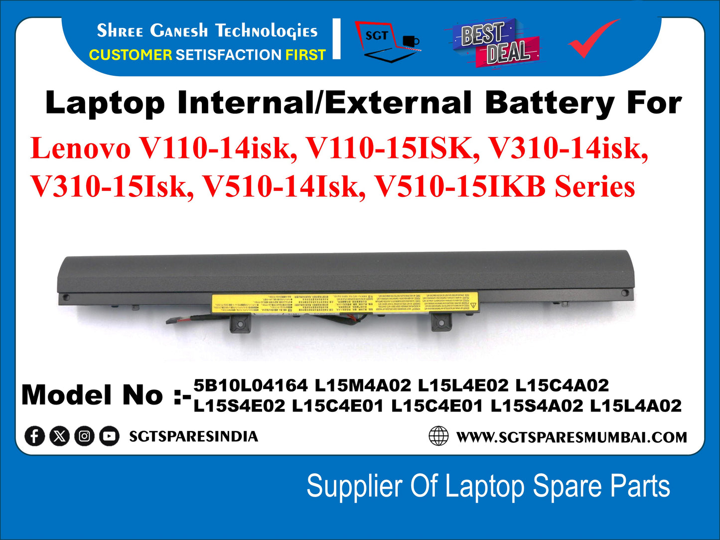 Laptop Internal Compatible Battery For Lenovo V110-14isk, V110-15ISK, V310-14isk, V310-15Isk, V510-14Isk, V510-15IKB Series Model No :- 5B10L04164, L15M4A02, L15L4E02, L15C4A02, L15S4E02, L15C4E01, L15C4E01, L15S4A02, L15L4A02