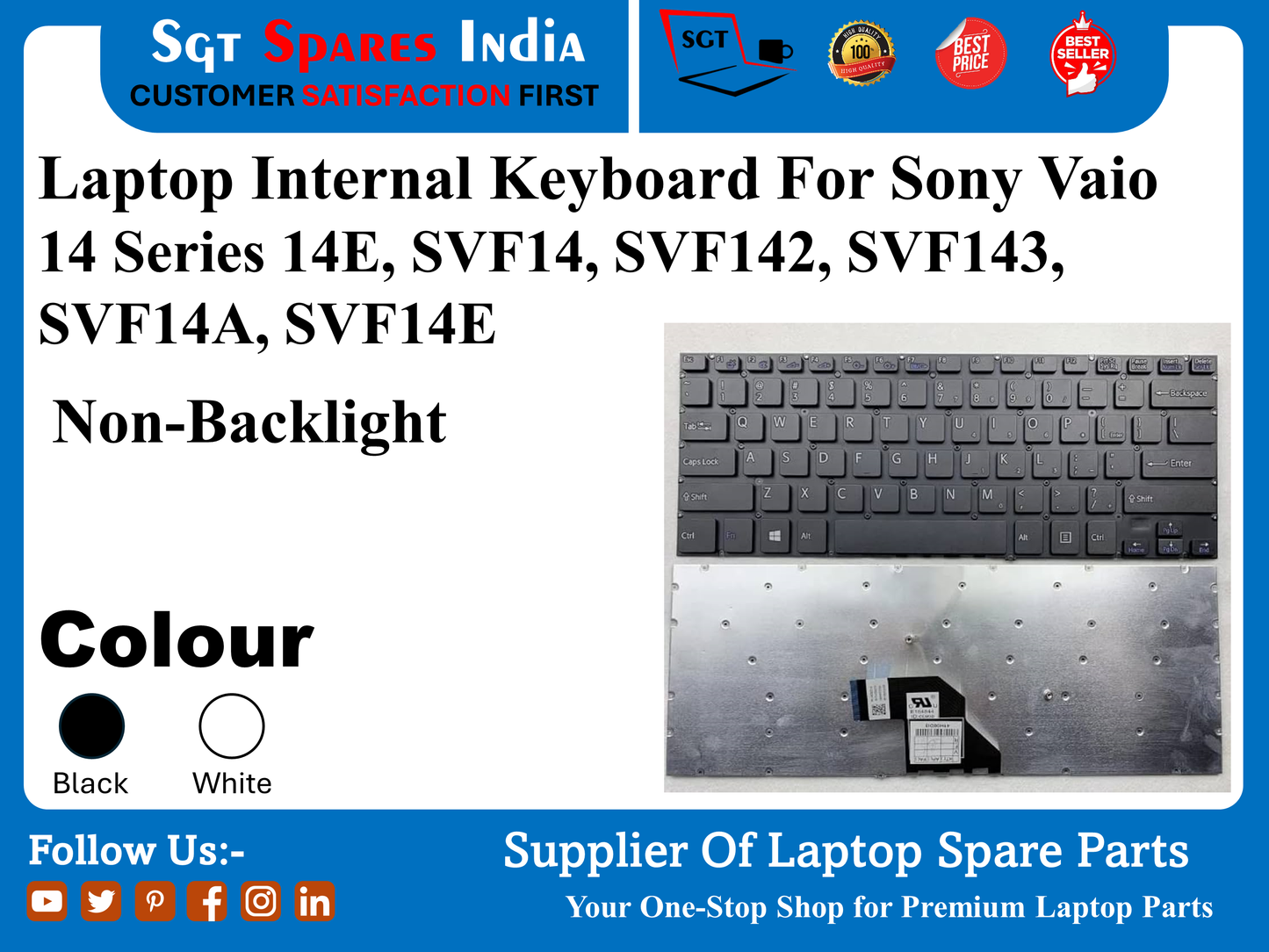 सोनी Vaio 14 सीरीज 14E, SVF14, SVF142, SVF143, SVF14A, SVF14E के लिए लैपटॉप आंतरिक कीबोर्ड नॉन-बैकलाइट रंग काला सफेद