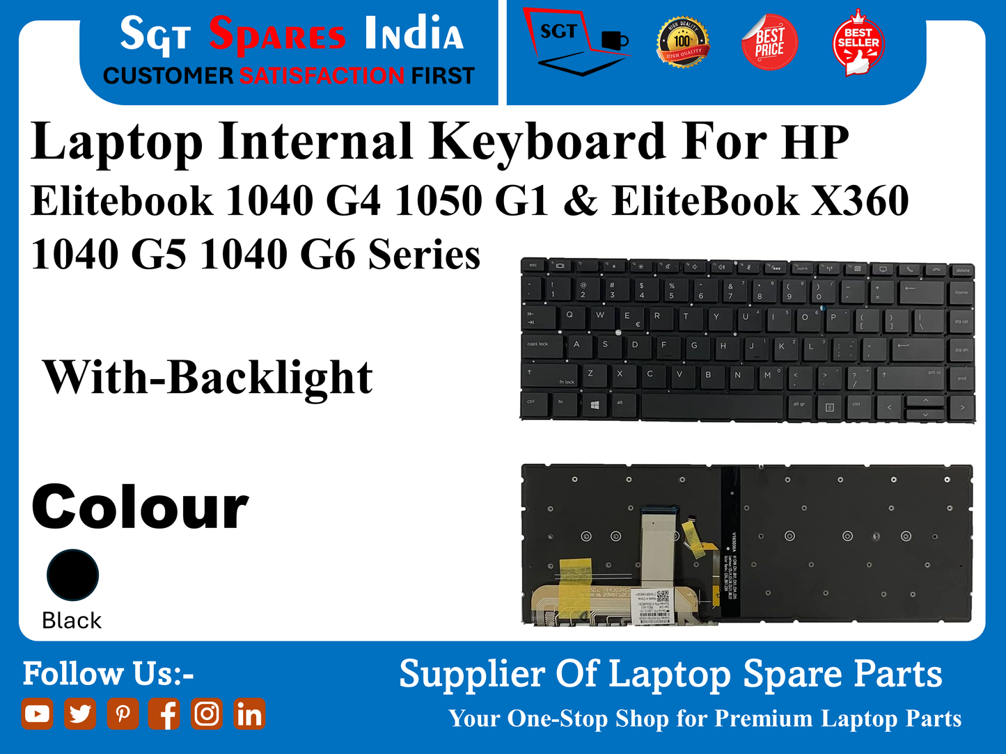 HP Elitebook 1040 G4 1050 G1 और EliteBook X360 1040 G5 1040 G6 सीरीज के लिए लैपटॉप इंटरनल कीबोर्ड बैकलाइट के साथ रंग काला