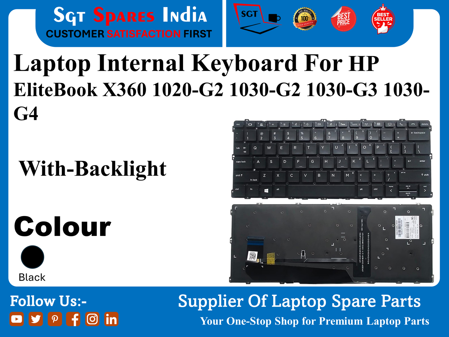 HP EliteBook X360 1020-G2 1030-G2 1030-G3 1030- G4 के लिए लैपटॉप इंटरनल कीबोर्ड बैकलाइट के साथ रंग काला