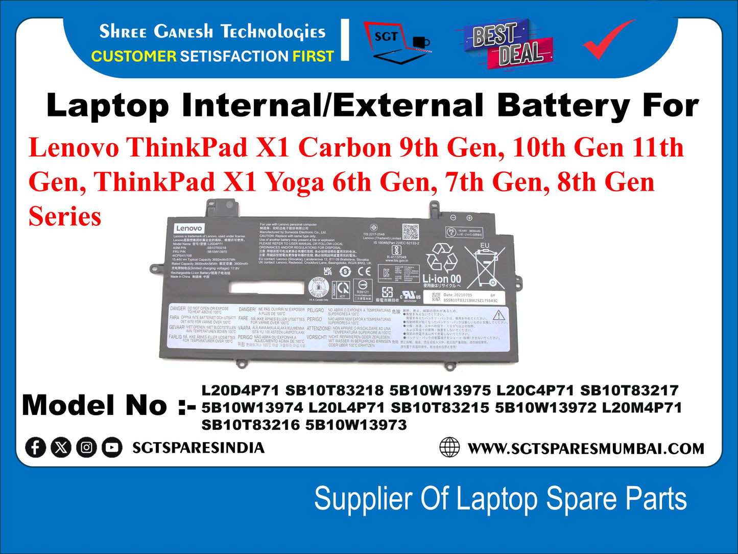 Laptop Internal Compatible Battery For Lenovo ThinkPad X1 Carbon 9th Gen, 10th Gen 11th Gen, ThinkPad X1 Yoga 6th Gen, 7th Gen, 8th Gen Series Model No :- L20D4P71, 5B10T83218, 5B10W13975, L20C4P71, 5B10T83217, 5B10W13974, L20L4P71, 5B10T83215