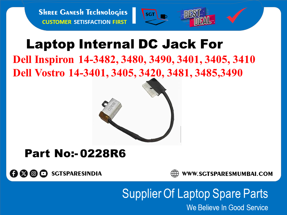 Laptop Internal DC Jack For Dell Inspiron 14-3482, 3480, 3490, 3401, 3405, 3410 Dell Vostro 14-3401, 3405, 3420, 3481, 3485,3490 Part No:- 0228R6