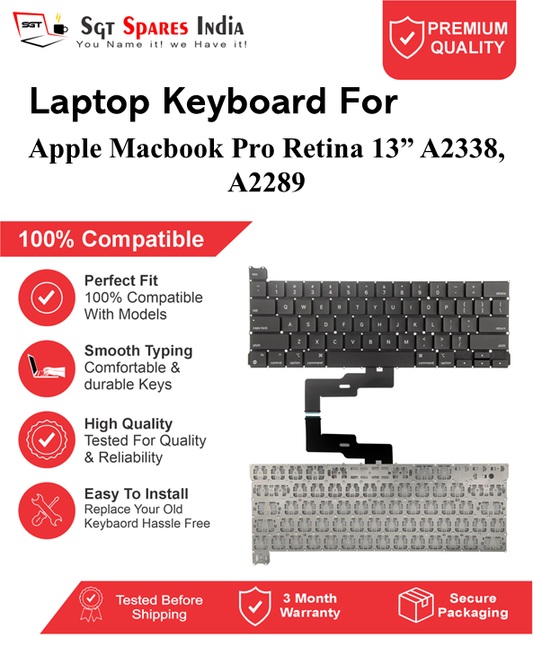 Apple Macbook Pro Retina 13” A2338, A2289 Black Laptop Keyboard Compatible Replacement