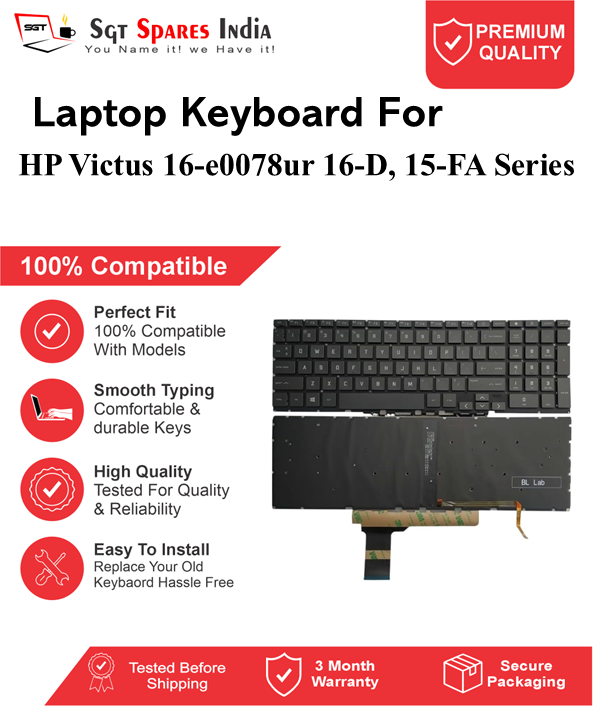 HP Victus 16-e0078ur 16-D, 15-FA Series Black RGB Backlight Laptop Keyboard Compatible Replacement