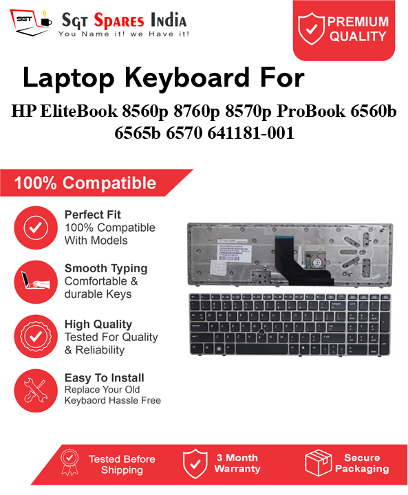HP EliteBook 8560p 8760p 8570p ProBook 6560b 6565b 6570 641181-001 Black without backlight Laptop Keyboard Compatible Replacement