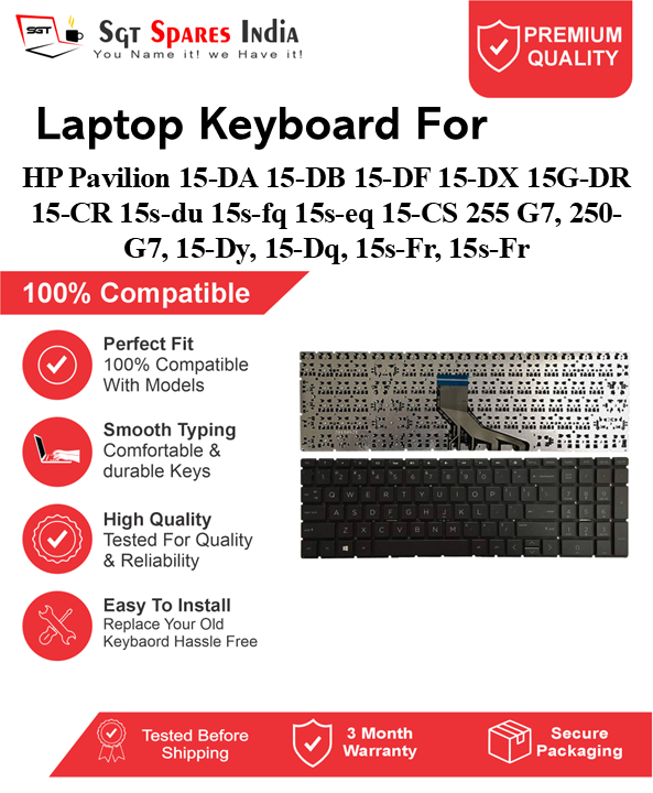HP Pavilion 15-DA 15-DB 15-DF 15-DX 15G-DR 15-CR 15s-du 15s-fq 15s-eq 15-CS 255 G7, 250-G7, 15-Dy, 15-Dq, 15s-Fr, 15s-Fr Black, Silver With Backlight and Without Backlight Laptop Keyboard Compatible Replacement