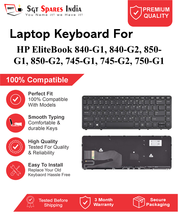 HP EliteBook 840-G1, 840-G2, 850-G1, 850-G2, 745-G1, 745-G2, 750-G1 Black With Backlight and Without Backlight Laptop Keyboard Compatible Replacement