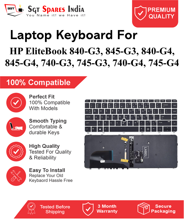 HP EliteBook 840-G3, 845-G3, 840-G4, 845-G4, 740-G3, 745-G3, 740-G4, 745-G4 Black With Backlight and Without Backlight Laptop Keyboard Compatible Replacement