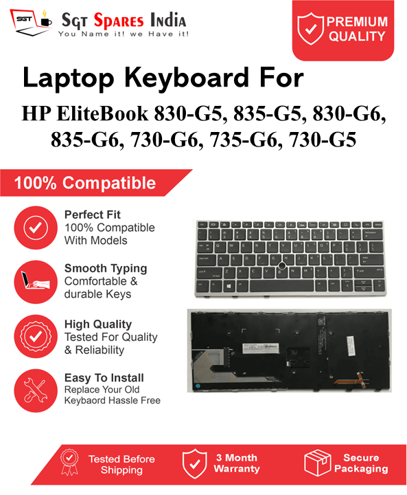 HP EliteBook 830-G5, 835-G5, 830-G6, 835-G6, 730-G6, 735-G6, 730-G5 Black With Backlight and Without Backlight Laptop Keyboard Compatible Replacement