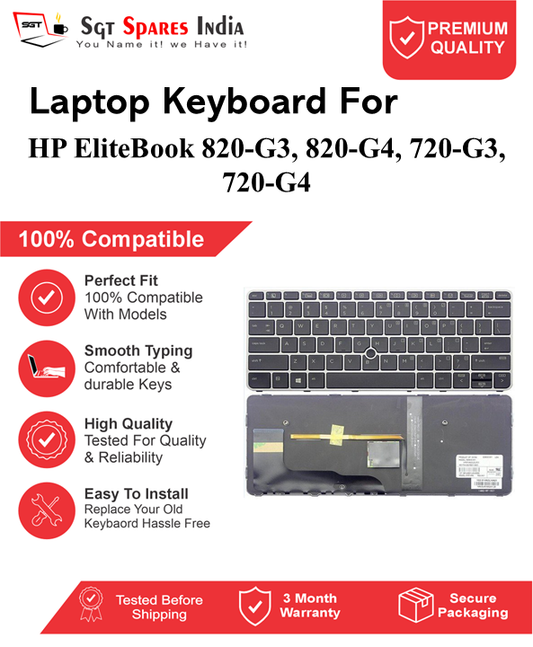 HP EliteBook 820-G3, 820-G4, 720-G3, 720-G4 Black With Backlight and Without Backlight Laptop Keyboard Compatible Replacement