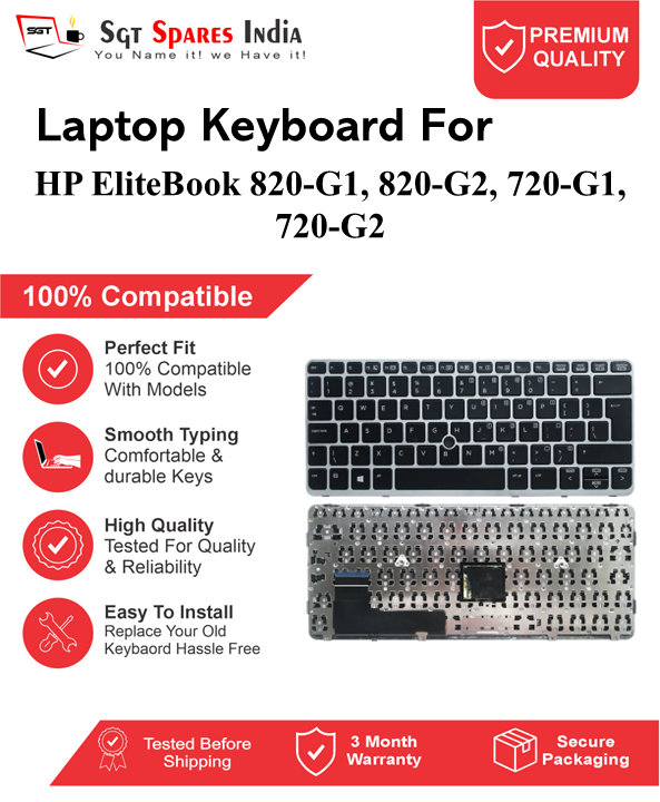 HP EliteBook 820-G1, 820-G2, 720-G1, 720-G2 Black With Backlight and Without Backlight Laptop Keyboard Compatible Replacement