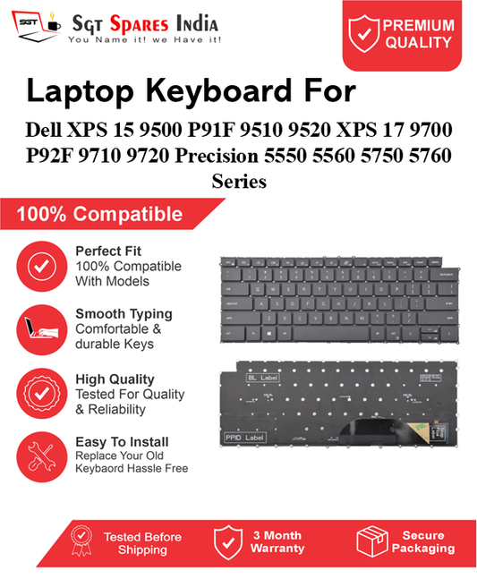 Dell XPS 15 9500 P91F 9510 9520 XPS 17 9700 P92F 9710 9720 Precision 5550 5560 5750 5760 Series Black With Backlight Laptop Keyboard Compatible Replacement