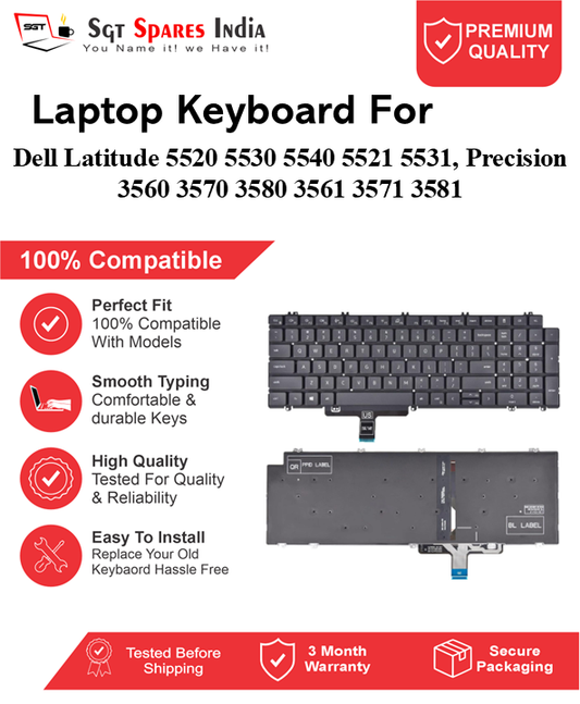 Dell Latitude 5520 5530 5540 5521 5531, Precision 3560 3570 3580 3561 3571 3581 Black With Backlight and Without Backlight Laptop Keyboard Compatible Replacement