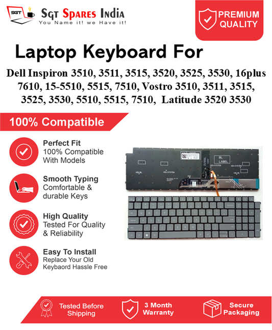 Dell Inspiron 3510, 3511, 3515, 3520, 3525, 3530, 16plus 7610, 15-5510, 5515, 7510, Vostro 3510, 3511, 3515, 3525, 3530, 5510, 5515, 7510, Latitude 3520 3530 Black, Silver With Backlight and Without Backlight Laptop Keyboard Compatible Replacement