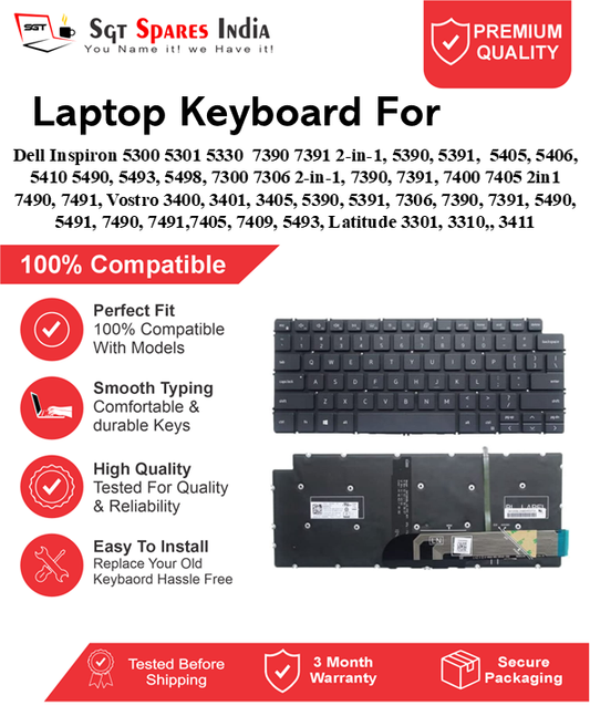 Dell Inspiron 5300 5301 5330 7390 7391 2-in-1, 5390, 5391, 5405, 5406, 5410 5490, 5493, 5498, 7300 7306 2-in-1, 7390, 7391, 7400 7405 2in1 7490, 7491, Vostro 3400, 3401, 3405, 5390, 5391, 7306, 7390, 7391, 5490, 5491, 7490, 7491,7405, 7409, 5493, Latitude 3301, 3310,, 3411 Black With Backlight and Without Backlight Laptop Keyboard Compatible Replacement