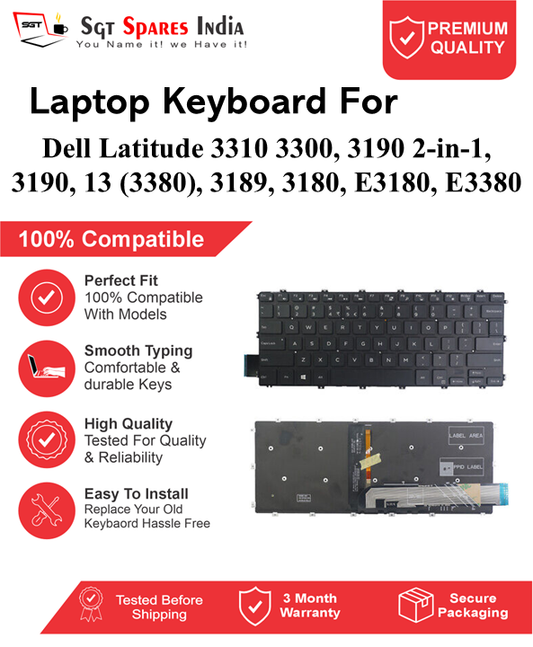 Dell Latitude 3310 3300, 3190 2-in-1, 3190, 13 (3380), 3189, 3180, E3180, E3380 Black With Backlight and Without Backlight Laptop Keyboard Compatible Replacement