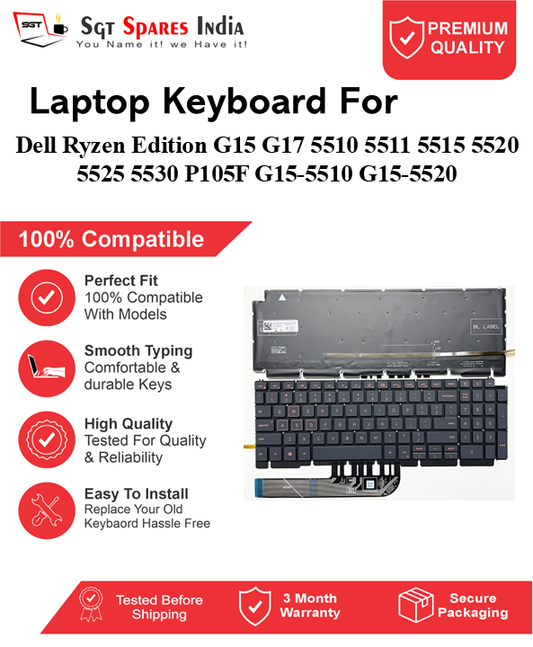 Dell Ryzen Edition G15 G17 5510 5511 5515 5520 5525 5530 P105F G15-5510 G15-5520 Black, Red With Backlight Laptop Keyboard Compatible Replacement