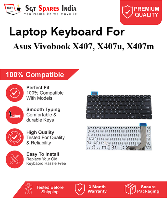 Asus Vivobook X407, X407u, X407m Black With Backlight Laptop Keyboard Compatible Replacement