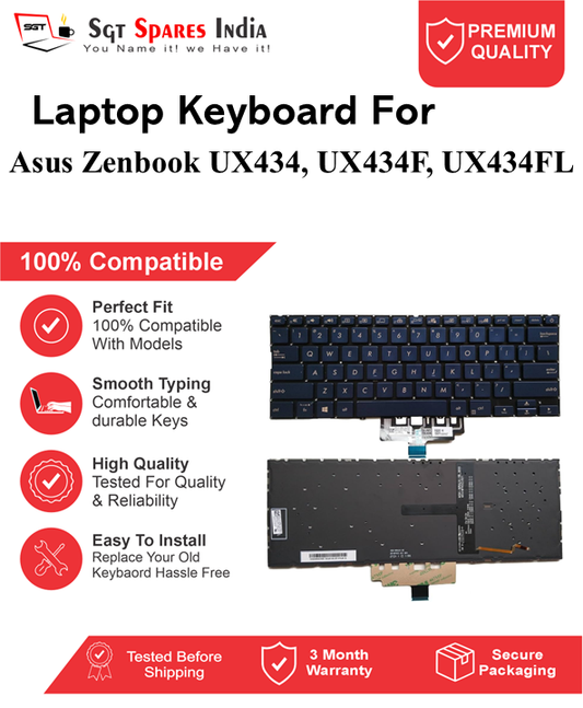 Asus Zenbook UX434, UX434F, UX434FL Black With Backlight Laptop Keyboard Compatible Replacement