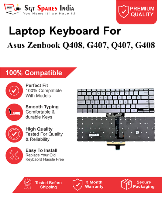 Asus Zenbook Q408, G407, Q407, G408 silver With Backlight Laptop Keyboard Compatible Replacement