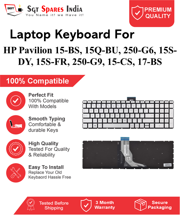 HP Pavilion 15-BS, 15Q-BU, 250-G6, 15S-DY, 15S-FR, 250-G9, 15-CS, 17-BS silver With Backlight and Without Backlight Laptop Keyboard Compatible Replacement
