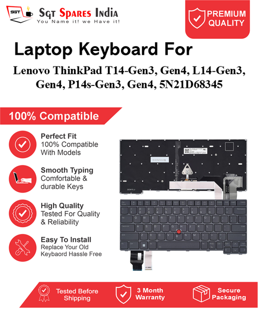 Lenovo ThinkPad T14-Gen3, Gen4, L14-Gen3, Gen4, P14s-Gen3, Gen4, 5N21D68345 Black With Backlight and Without Backlight Laptop Keyboard Compatible Replacement