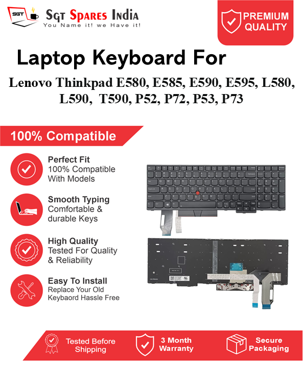 Lenovo Thinkpad E580, E585, E590, E595, L580, L590, T590, P52, P72, P53, P73 Black With Backlight and Without Backlight Laptop Keyboard Compatible Replacement