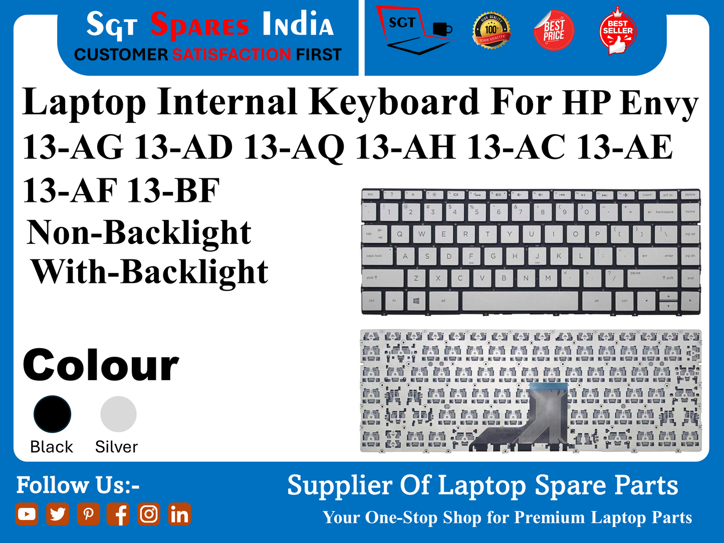 Laptop Internal Keyboard For HP Envy 13-AG 13-AD 13-AQ 13-AH 13-AC 13-AE 13-AF 13-BF Non-Backlight With-Backlight Colour Black Silver