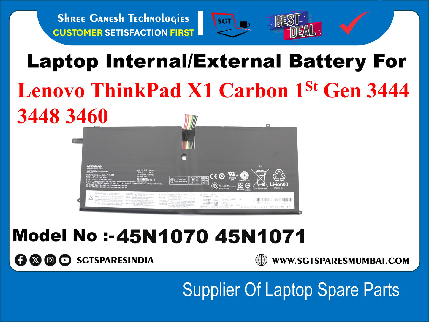 Laptop Internal Compatible Battery For Lenovo ThinkPad X1 Carbon 1St Gen 3444 3448 3460 Model No :-45N1070 45N1071