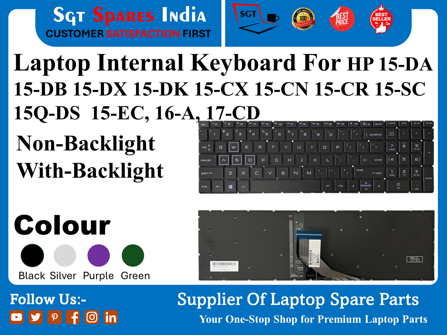 Laptop Internal Keyboard For HP 15-DA 15-DB 15-DX 15-DK 15-CX 15-CN 15-CR 15-SC 15Q-DS 15-EC, 16-A, 17-CD Non-Backlight With-Backlight Colour Black Silver Purple Green