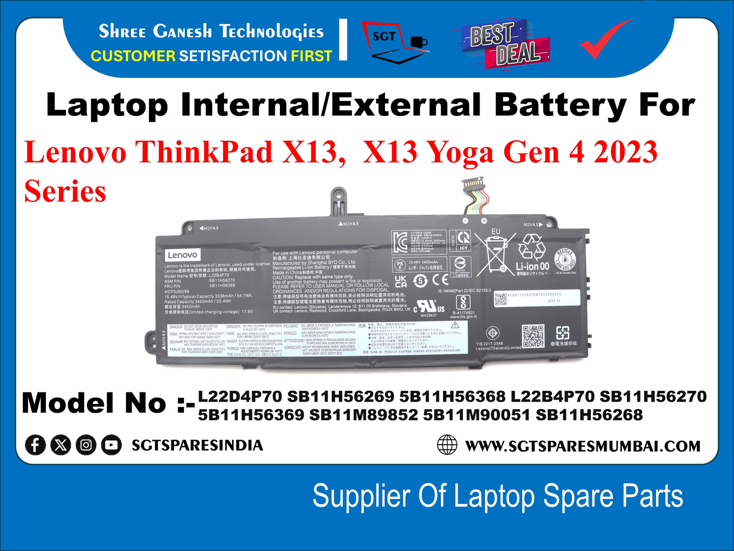 Laptop Internal Compatible Battery For Lenovo ThinkPad X13, X13 Yoga Gen 4 2023 Series Model No :- L22D4P70, 5B11H56269, 5B11H56368, L224P70, 5B11H56270, 5B11H56369, 5B11M89852, 5B11M90051, 5B11H56268