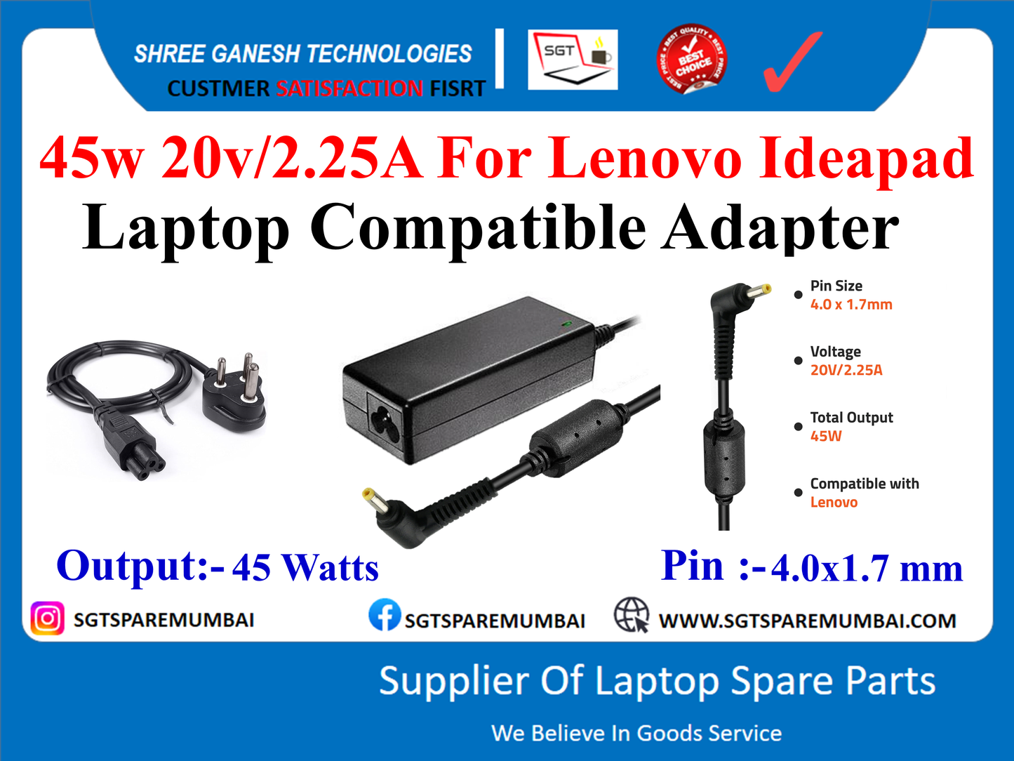 45w 20v/2.25A For Lenovo Ideapad Laptop Compatible Adapter