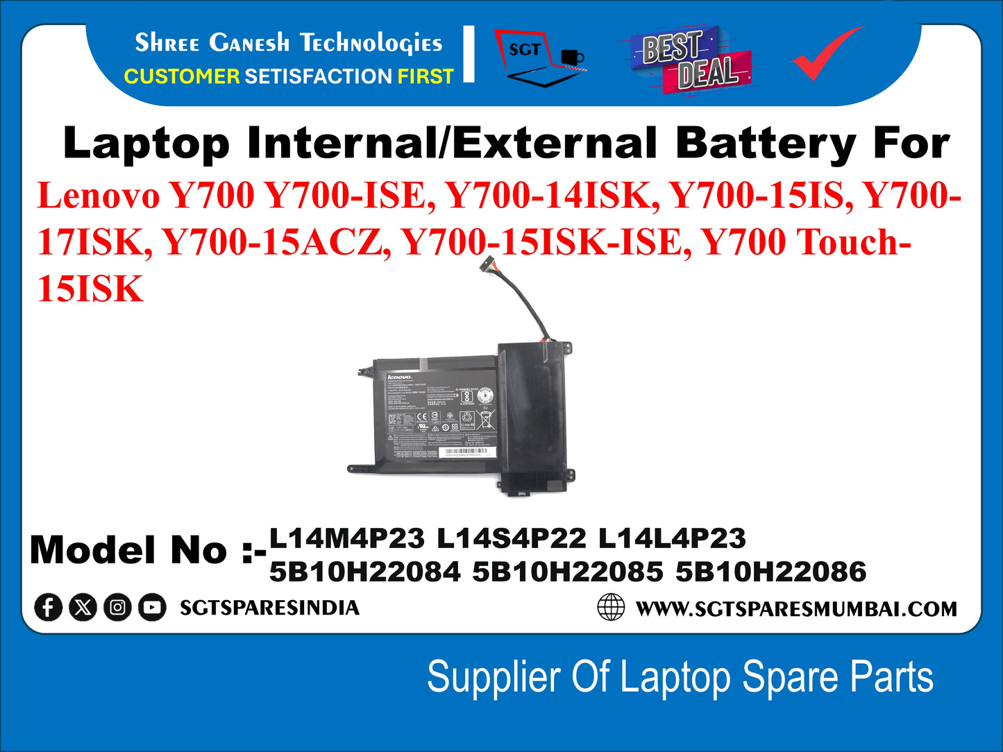 Laptop Internal Compatible Battery For Lenovo Y700 Y700-ISE, Y700-141SK, Y700-15IS, Y700- 17ISK, Y700-15ACZ, Y700-15ISK-ISE, Y700 Touch- 15ISK Model No : L14M4P23 L14S4P22 L14L4P23 5B10H22084 5B10H22085 5B10H22086