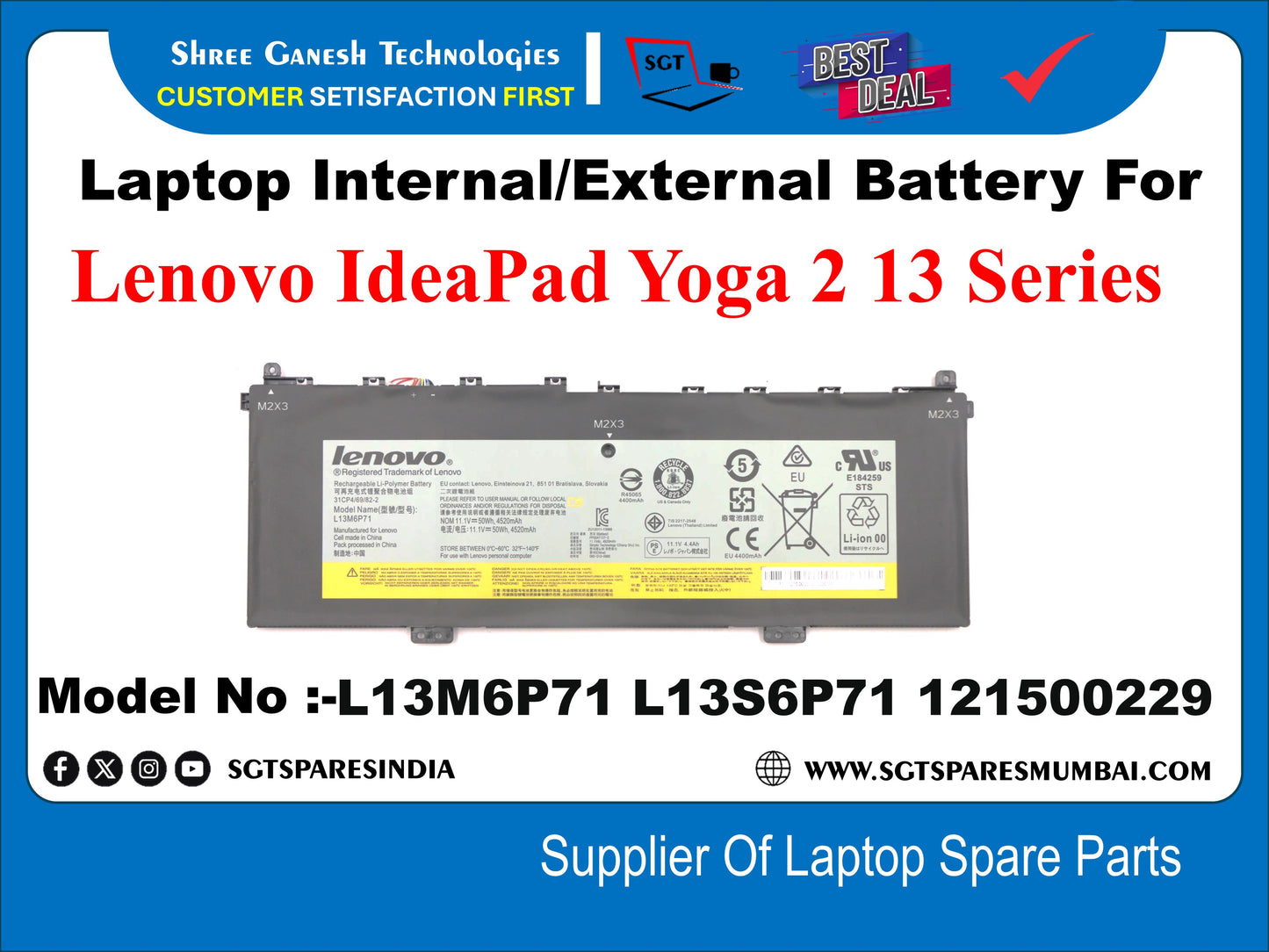 Laptop Internal Compatible Battery For Lenovo IdeaPad Yoga 2 13 Series lenovo Model No :-L13M6P71 L13S6P71 121500229