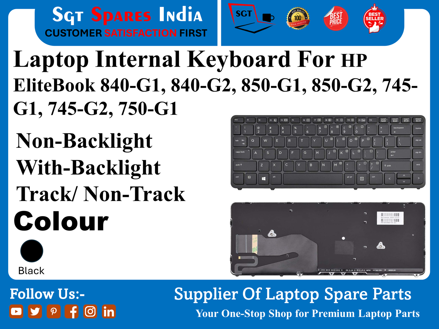 Laptop Internal Keyboard For HP EliteBook 840-G1, 840-G2, 850-G1, 850-G2, 745- G1, 745-G2, 750-G1 Non-Backlight With-Backlight Track/ Non-Track Colour Black