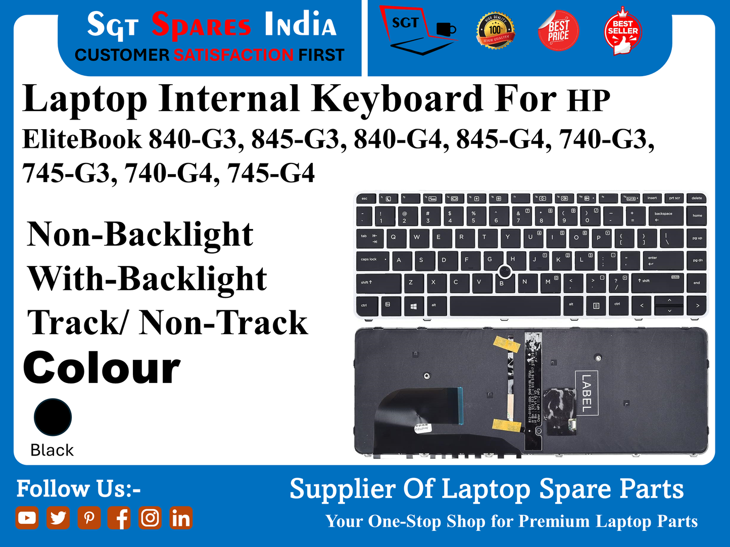 Laptop Internal Keyboard For HP EliteBook 840-G3, 845-G3, 840-G4, 845-G4, 740-G3, 745-G3, 740-G4, 745-G4 Non-Backlight With-Backlight Track/ Non-Track Colour Black