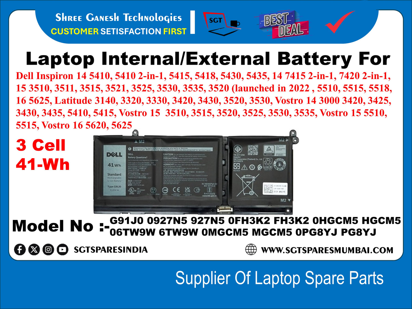 Laptop Internal Compatible Battery For Dell Inspiron 14 5410, 5410 2-in-1, 5415, 5418, 5430, 5435, 14 7415 2-in-1, 7420 2-in-1, 15 3510, 3511, 3515, 3521, 3525, 3530, 3535, 3520 Model No : G91JO 0927N5 927N5 0FH3K2 FH3K2 0HGCM5 HGCM5 Model No : 06W9W