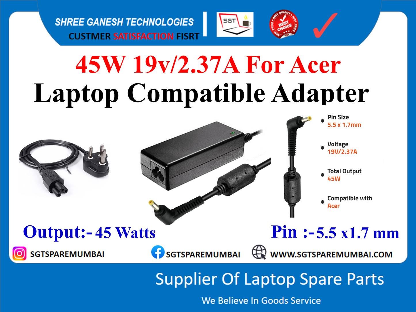 45W 19v/2.37A For Acer Laptop Compatible Adapter