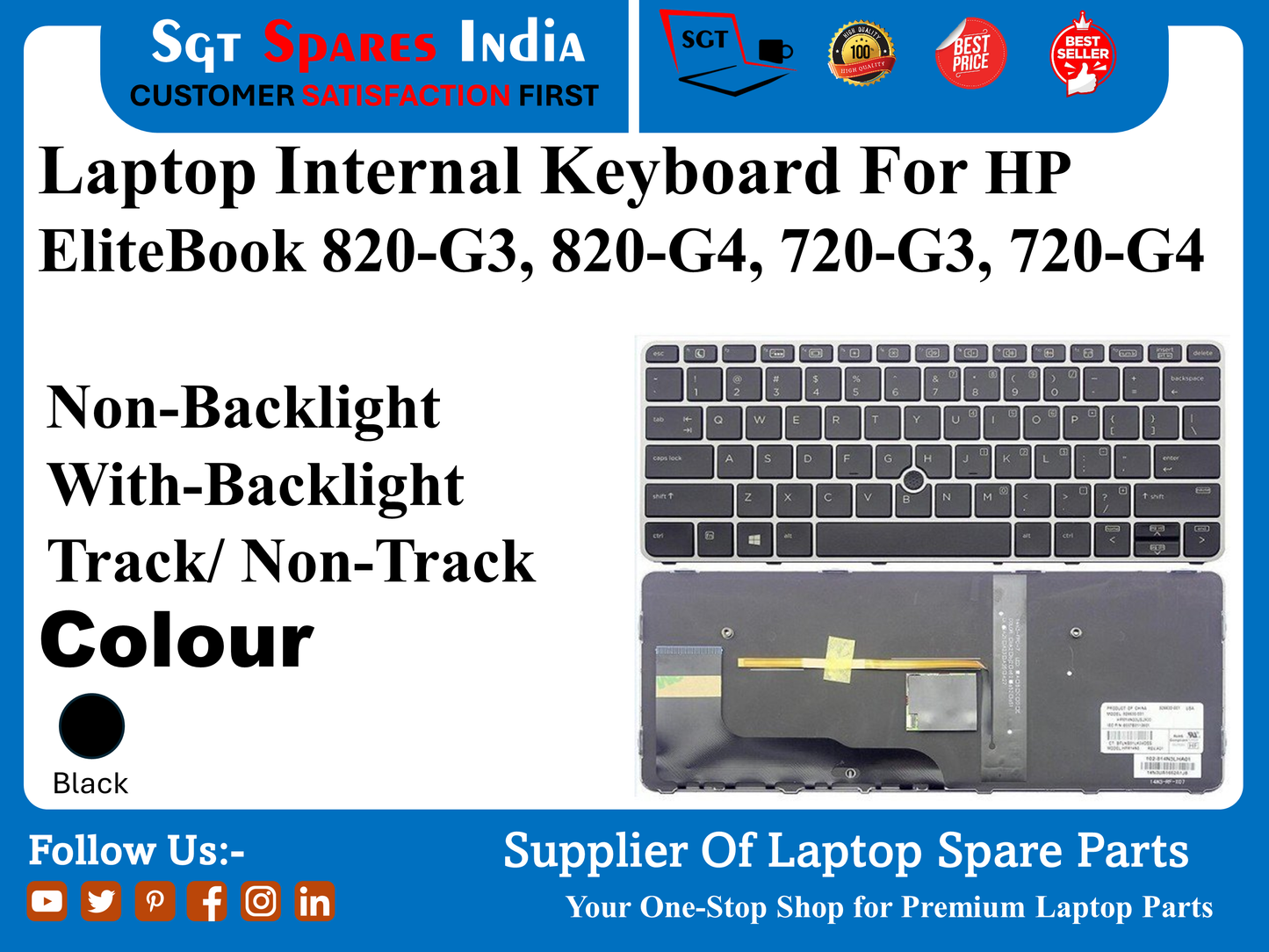 Laptop Internal Keyboard For HP EliteBook 820-G3, 820-G4, 720-G3, 720-G4 Non-Backlight With-Backlight Track/ Non-Track Colour Black